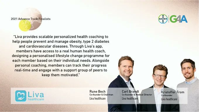 GIANT Health Event (@giant_health) on Twitter photo As one of #G4A’s 2021 Advance Track finalists, <a href="/LIVAHealthcare/">Liva Healthcare</a> is Europe’s leading provider of scalable #digitalhealth coaching.
You also want to partner with Bayer G4A?
Check out their Diligence Portal here:
g4a.health/partnerships
#GIANT2022 As one of #G4A’s 2021 Advance Track finalists, <a href="/LIVAHealthcare/">Liva Healthcare</a> is Europe’s leading provider of scalable #digitalhealth coaching.
You also want to partner with Bayer G4A?
Check out their Diligence Portal here:
g4a.health/partnerships
#GIANT2022