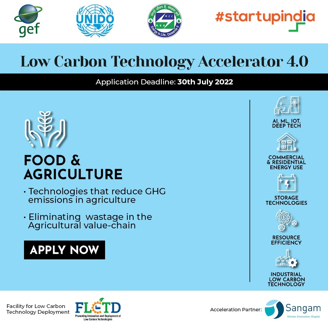 Last day left! The #FLCTDAccelerator4 has ‘Food and Agriculture’ as its sixth sector of focus. If you are a #startup that fits in this category, then apply now and register here bit.ly/3o5hj4f before today.

@UNIDO @beeindiadigital @theGEF @TheFLCTD  @SangamVentures
