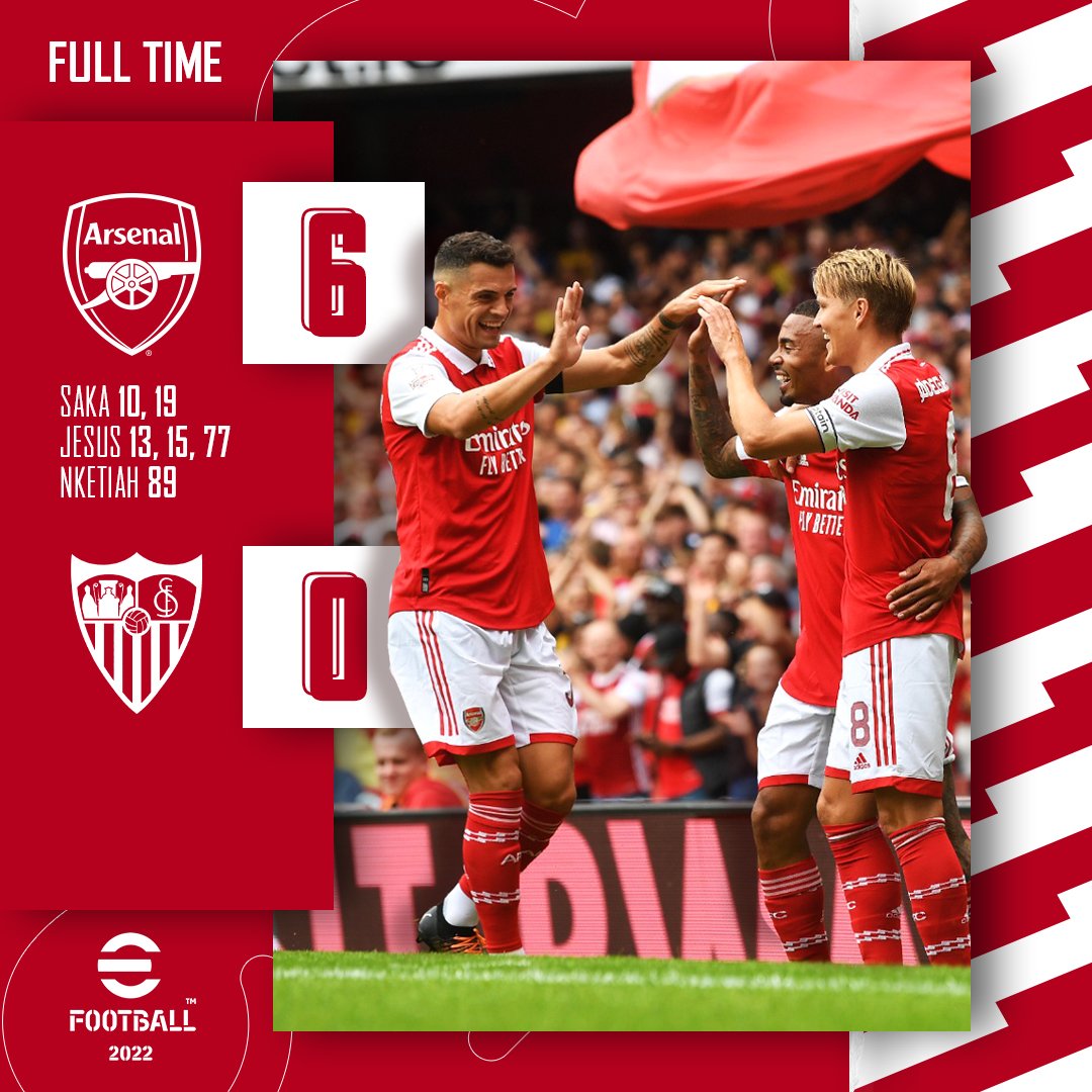 Full Time......6-0!

Gabriel Jesus....Incredible
Saka...... StarBoy
Martinelli.....SuperStar
Saliba......Golden Boy
Partey.....Midfield Marshall
Zinchenko...Fantastic
Odegaard...El-Capitano
Xhaka.......Super Solid
White....Immense
Gabriel...Consistent
Arsenal....Gargantuan