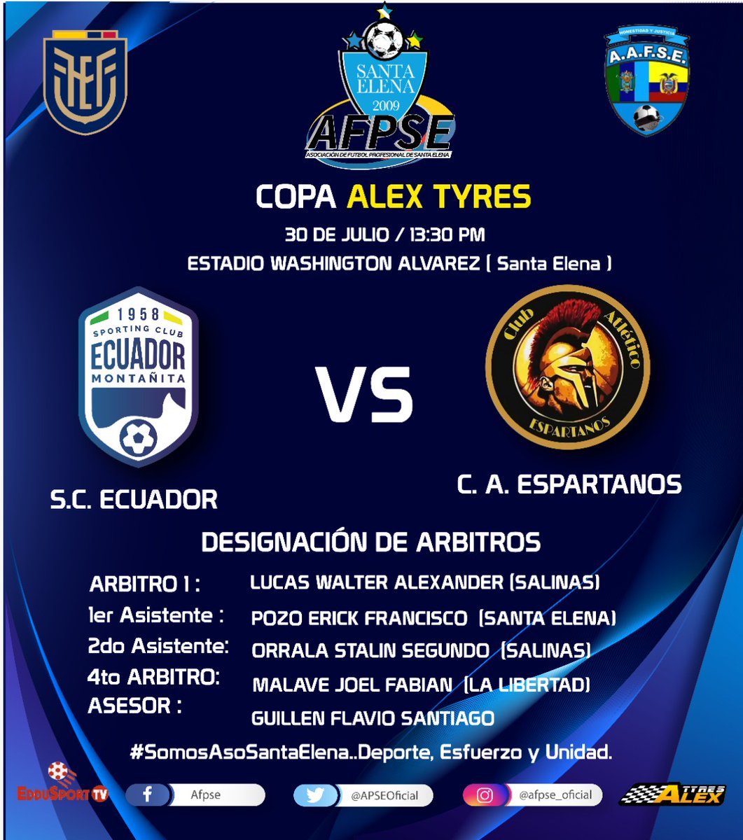 Designación de Árbitros y Asesores para el desarrollo de la última jornada futbolera en Ancón..!! ⚽⚽⚽🥇👍👍👍

Estadio Washington Álvarez, de Ancón- 

#SomosAsoSantaElena...
Deporte, Esfuerzo y Unidad