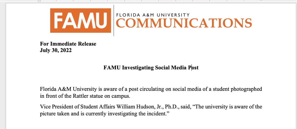 FAMU_1887's tweet image. Florida A&amp;amp;M University Statement regarding posted photo in front of Rattler statue.