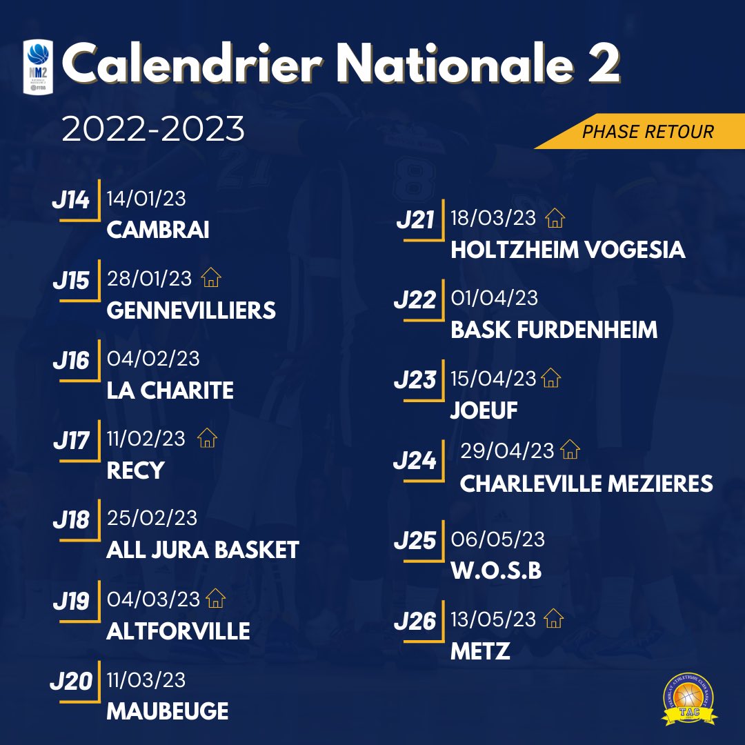 La saison 2022-2023 approche à grand pas 🙌🏽

En attendant la fin des vacances, découvrez dès maintenant le calendrier des matchs de notre équipe NM2 👀

🗓 Rdv le samedi 10 septembre à 20h pour le premier match à domicile !

Go Tremblay ! 🏀