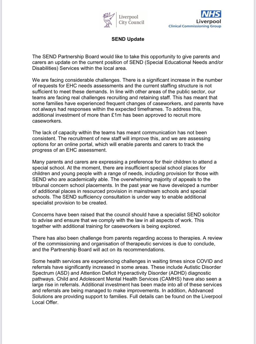 LpoolSENDCRISIS's tweet image. SEND CRISIS Liverpool Response to LCC’s SEND Update
We wanted to fully consider @lpoolcouncil SEND update and give you our view before commenting. Please see our full response below 👇🏻