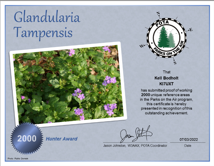 Another POTA milestone achieved.  Thanks to all the activators!  73 de Kell #POTA #parksontheair