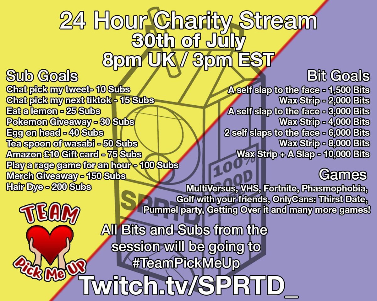 🔴#GoingLive 🔴
So today is the day! im doing my first #24hourstream ! ALL BITS AND SUBS for this stream will go to #TeamPickMeUp 💪so come by and show your support please! it would me the world even if you popped into say hi😋
twitch.tv/sprtd_
#charitystream #streamer