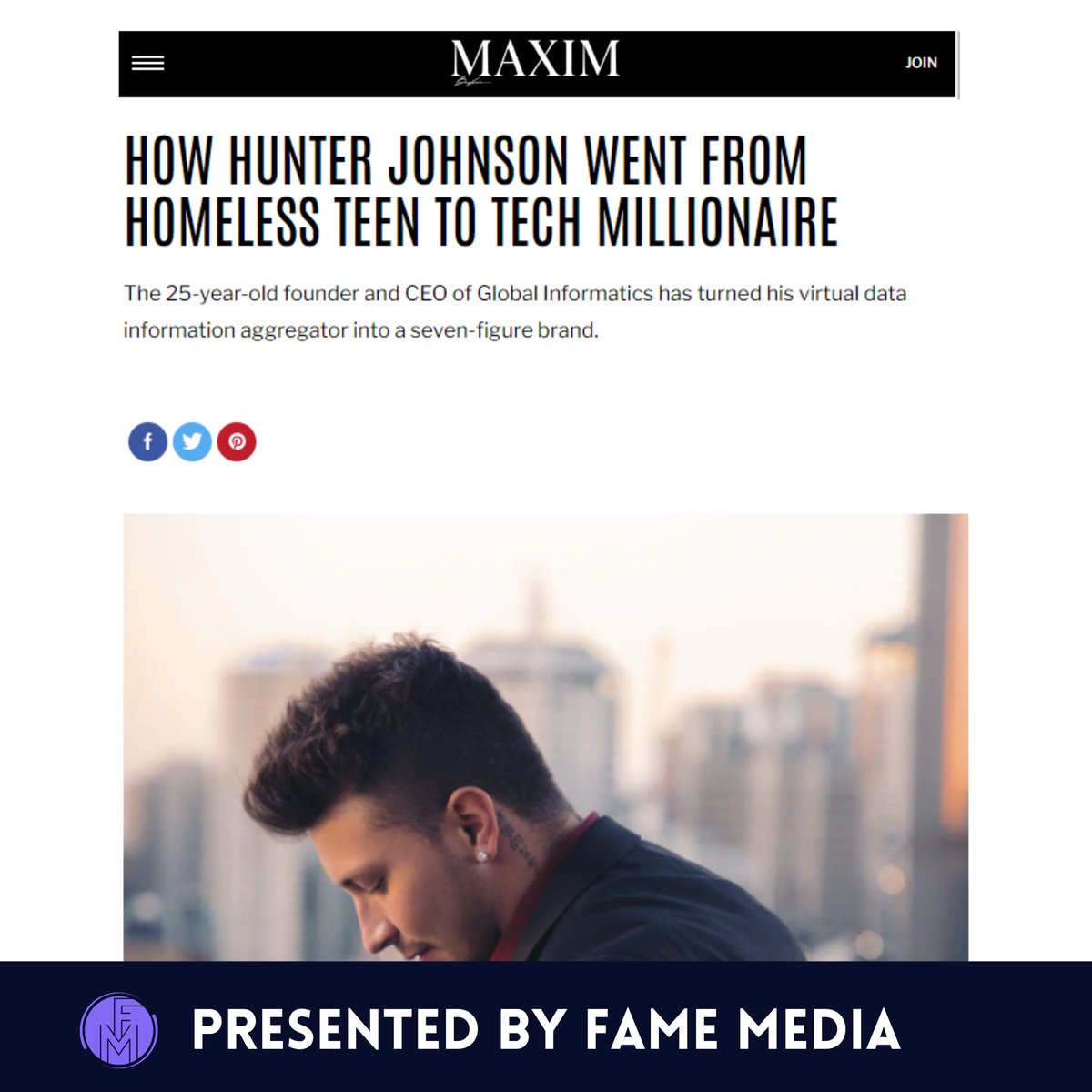 famemedla's tweet image. Our client, Hunter Johnson, speaks on the importance of hard work and resilience, one our latest Maxim feature!