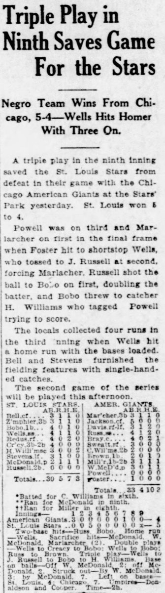 #OTD in 1927, Willie Wells wowed fans with his bat and glove. The HOF SS for the St. Louis Stars hit a grand slam in the 3rd inning & also started a game-ending triple play in the 9th to preserve a 5-4 win vs. the Chicago American Giants. @nlbmprez @NLBMuseumKC