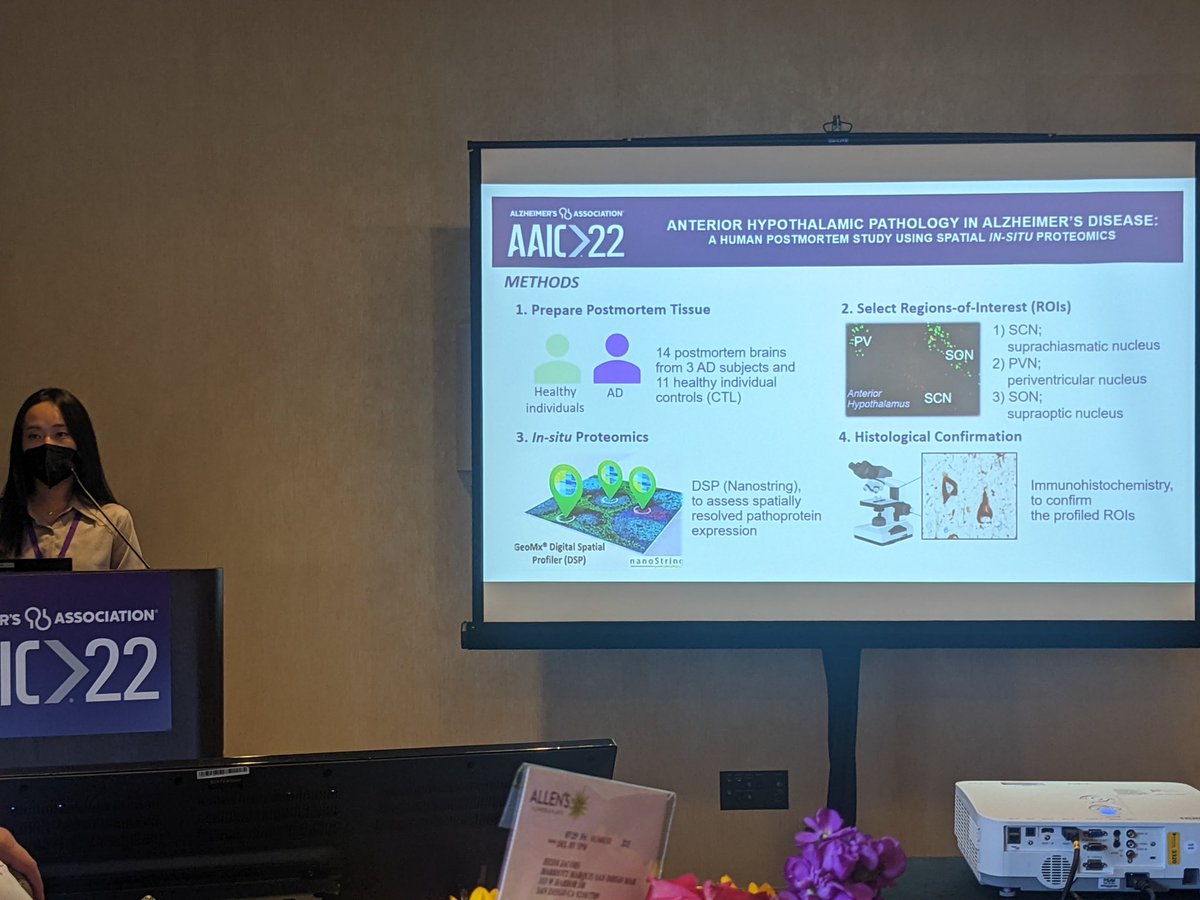 Great talk by @gowoon_son showing her work using spatial protein profiling @nanostringtech to study selective vulnerability underlying sleep disorders in neurodegenerative diseases #AAIC2022 #NSSPIA