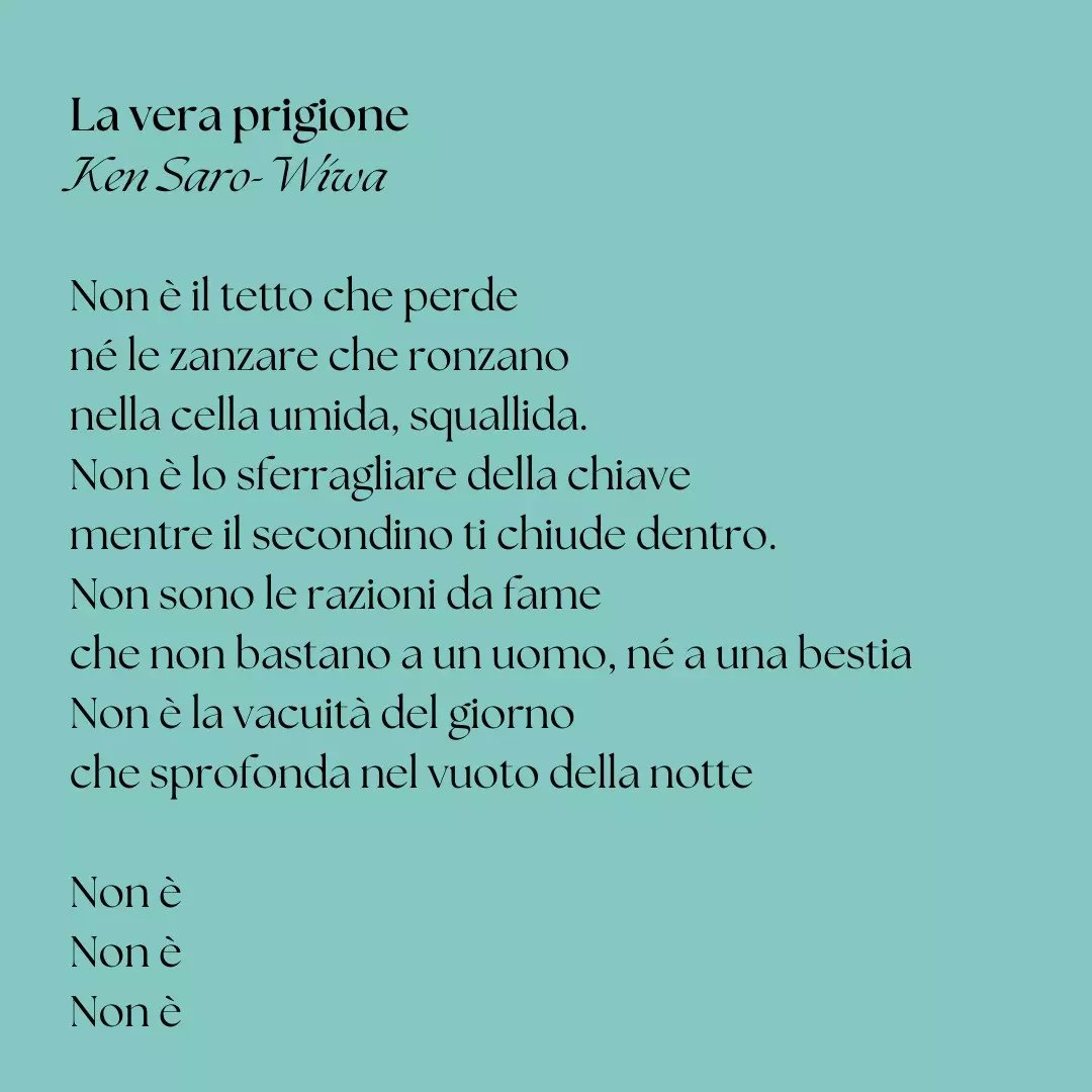 bookmarchs's tweet photo. Ricordiamo Ken Saro-Wiwa per onorare la memoria di #AlikaOgorchukwu, traduciamo le parole del primo per trovare le parole per esprimere il dolore per il secondo. Continuiamo a incontrare l'altro, senza il quale non saremmo nulla. 
Il 7 ne parliamo con @FrancaCavagnol2 a Petritoli https://t.co/kuDdT602l0