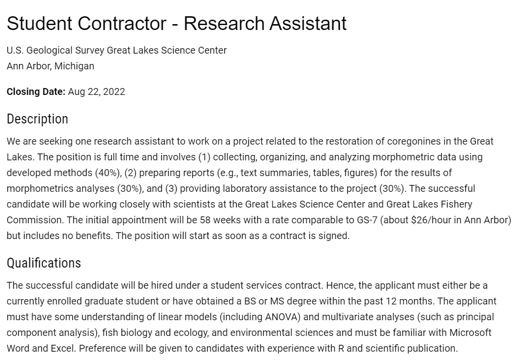 Dr_KaoYC's tweet photo. Please RT

I am looking for a #fulltime #student contractor to carry out #morphology #analysis in a #coregonine #restoration project

#USGS #GreatLakes 

More information⬇️
https://t.co/xdasGQOcFs https://t.co/l27IXsWdCY