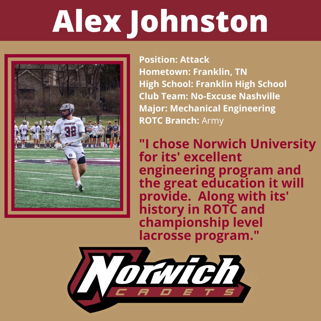 Please join us in welcoming Alex Johnston to the #cadlaxfamily! <a href="/norwichnews/">Norwich University</a> <a href="/NorwichCadets/">Norwich Cadets</a>