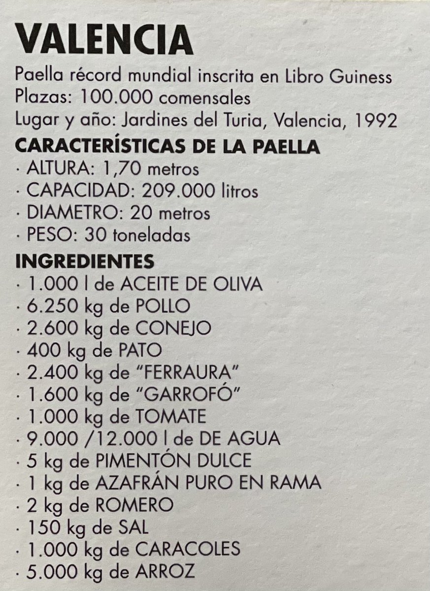 pacolonso's tweet photo. Hace 30 años se consiguió el #recordguinness de la #paella Gracias al esfuerzo y tesón de dos familias valencianas que son leyenda. #Galbis y #Velarte. Aquí os dejo las características e ingredientes de aquella locura de paella valenciana mítica e irrepetible @wikipaella https://t.co/jMcpCOxV9b