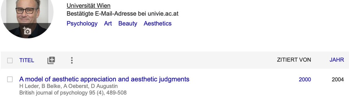 Helmut Leder (@tumlehredel) on Twitter photo Today I noticed this beautiful citation number; to everyone in empirical aesthetics, I wish us all good cooperation and networking! Today I noticed this beautiful citation number; to everyone in empirical aesthetics, I wish us all good cooperation and networking!