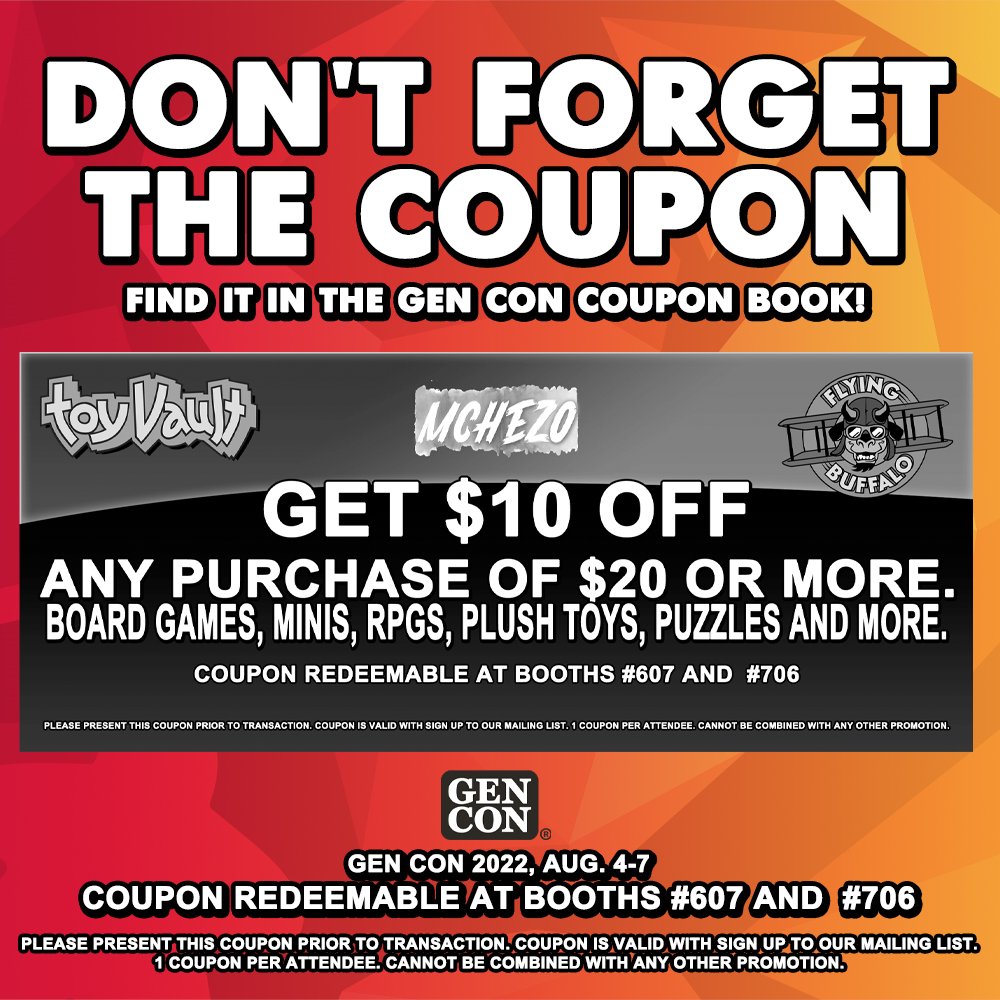Join us at #GenCon2022 Booth 607 to celebrate the "Best Four Days in Gaming." ™ Don't forget to pick up the Gen Con coupon book (it's FREE) and use our coupon to save $10 on any purchase $20 or more!

#GenCon #GenGonIndy #GenConTurns55