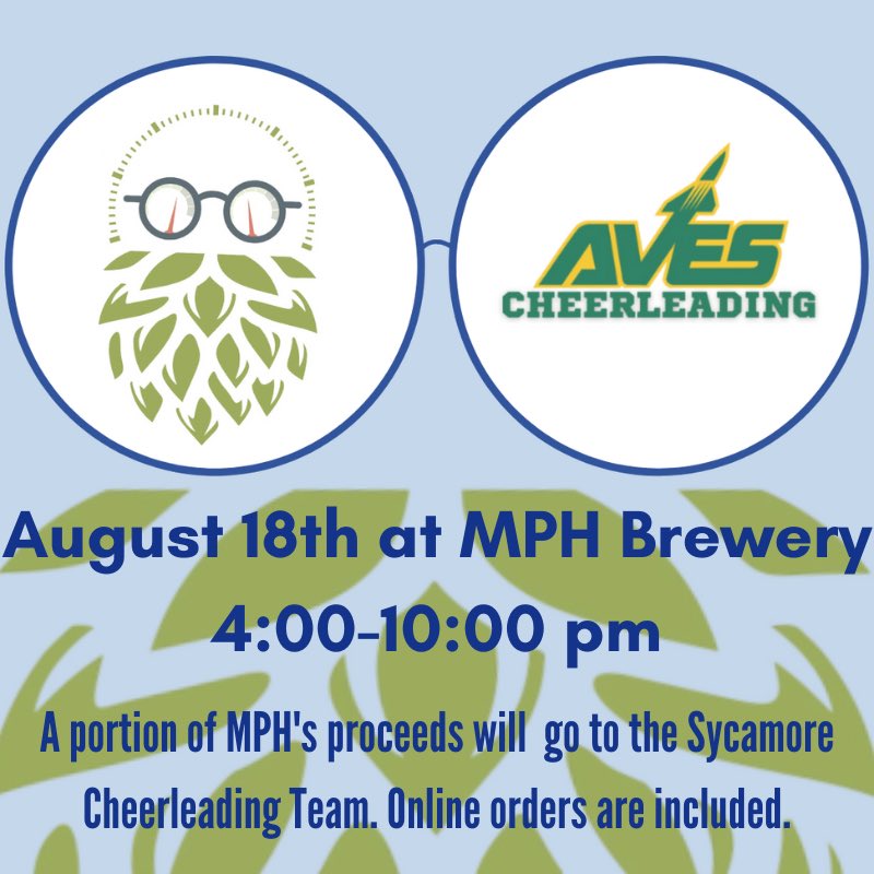 shscheer7's tweet photo. Join us at MPH Brewery on August 18th from 4-10pm to support your Sycamore High School Cheerleaders! https://t.co/s0qJkiobhy