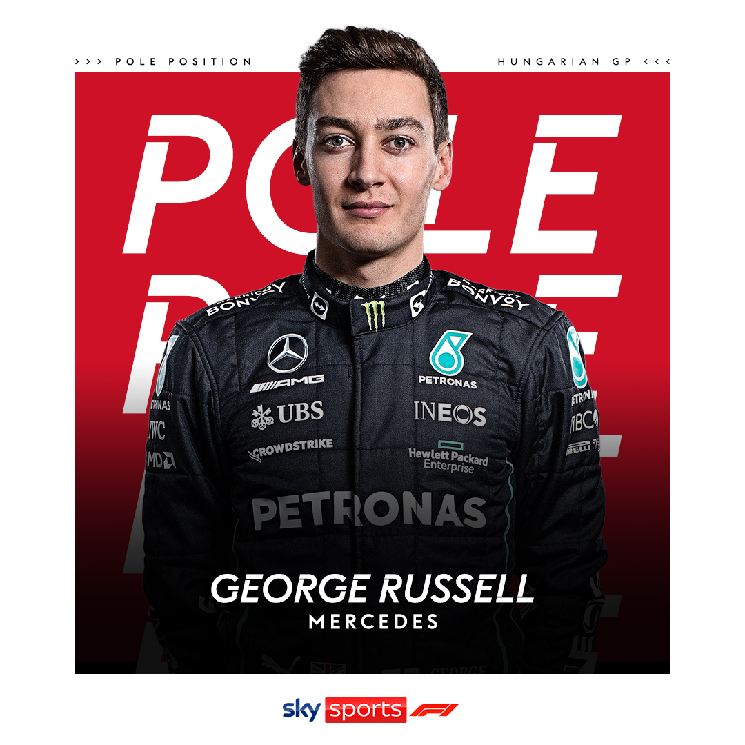 SkySportsF1's tweet photo. George Russell takes pole for the first time in his career!! #HungarianGP!! 🇭🇺 https://t.co/yXzarg7rN6