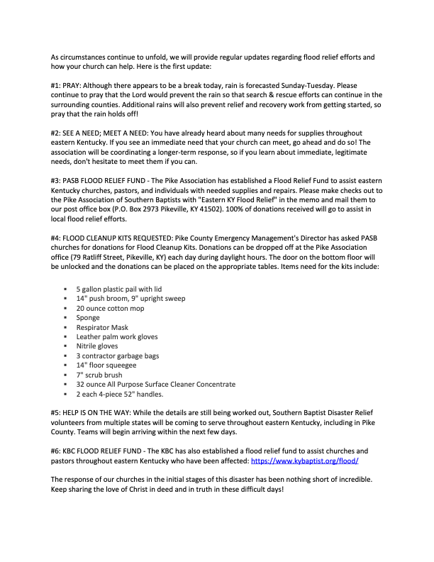 As circumstances continue to unfold with the devastating eastern Kentucky flood, we will provide regular updates regarding flood relief efforts and how your church can help. Here is the first update.