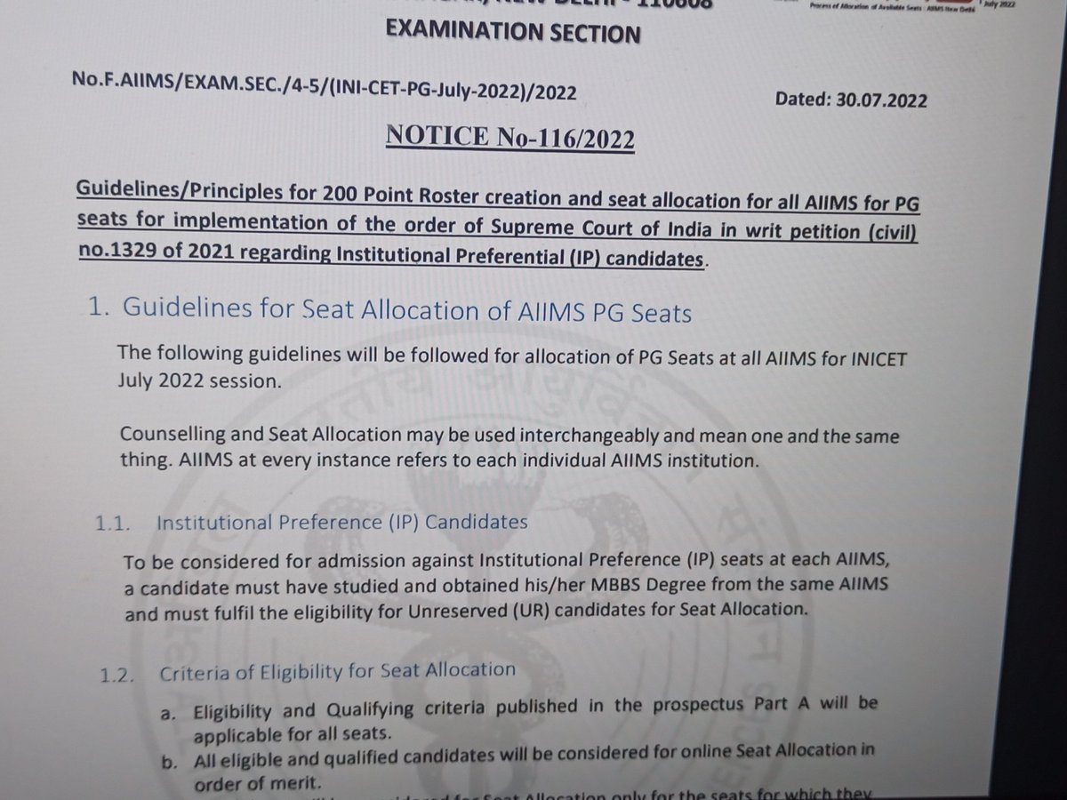 prutha_oza's tweet photo. @DoctorKhurana According to point no.1.1,in order to avail institutional preference, IP 1 candidate should have  obtained minimum of Fourth UR rank.if he/she doesn't than UR 4 will avail that point.this is in contrast to JIPMER roster where there is no such requirement to Avail institute quota. https://t.co/EBDteg9WFr