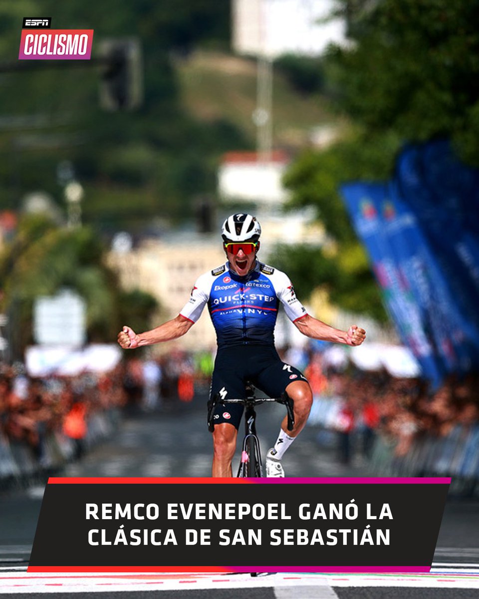 ESPNCiclismo's tweet photo. ¡¡QUÉ VICTORIA, REMCO!! #Evenepoel tuvo una actuación formidable en el País Vasco y se impuso en la Clásica de San Sebastián. Pavel #Sivakov y Tiesj #Benoot se suman al ciclista del #QuickStepAlphaVinyl en el podio. 🔥
#ESPNCiclismo https://t.co/wvmGd6RAWU