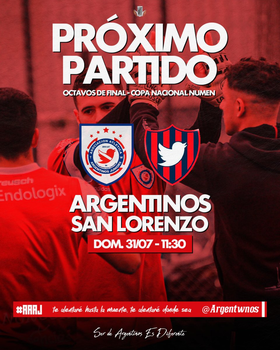 🏆 Copa NUMEN <a href="/LAT_ARG/">LAT - 𝑳𝒊𝒈𝒂 𝑨𝒓𝒈𝒆𝒏𝒕𝒊𝒏𝒂 𝑻𝒘𝒊𝒕𝒕𝒆𝒓</a> 
🥊 Rival: <a href="/SanLorenzoLat/">San Lorenzo LAT</a> 2 
🕚 11:30 hs 
🏟️ Sede Palaa Fútbol 

Por los octavos de final, por la gloria 🐞 #AAAJ #VamosBicho
