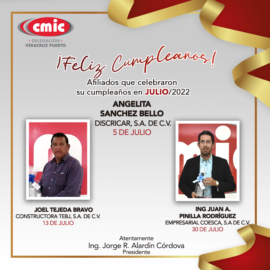 🎉Muchas felicidades a nuestros amigos afiliados a <a href="/cmicveracruz/">CMIC Veracruz</a> que celebraron su cumpleaños en Julio🎂.

#FamiliaCMIC <a href="/Afiliados_CMIC/">Afiliados CMIC Nacional</a>