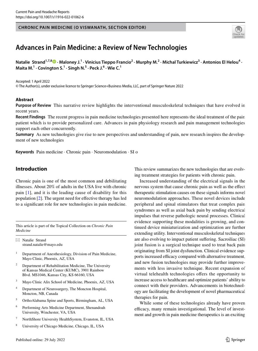 Check it out our recent narrative review on new technologies advances in #PainMedicine 📖 ➡️ link.springer.com/article/10.100… ⬅️ <a href="/DrNatStrand/">Dr. Natalie Strand</a> <a href="/MichealMurphyMD/">Micheal Murphy, MD</a> <a href="/ELHELOUA/">Antonios El Helou</a> <a href="/Dr_DanceNerd/">Juliet I Peck, MD</a>