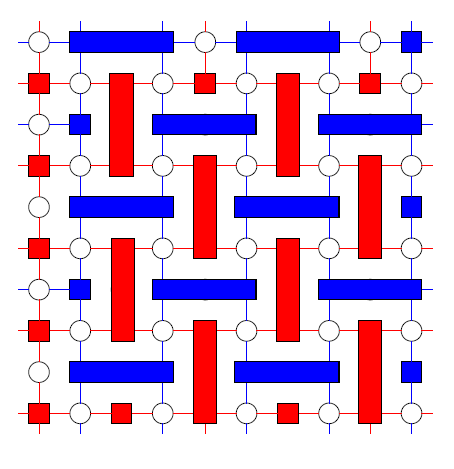 qodesign's tweet photo. @CVuillot @letonyo @QuantumGizmos I made an attempt at duplicating this for 5x5 toric code. Something odd happens at the top and left edges. There are 7 extra nodes (circles). So there are 32 circles instead of expected 25. https://t.co/BlJWJbNcci