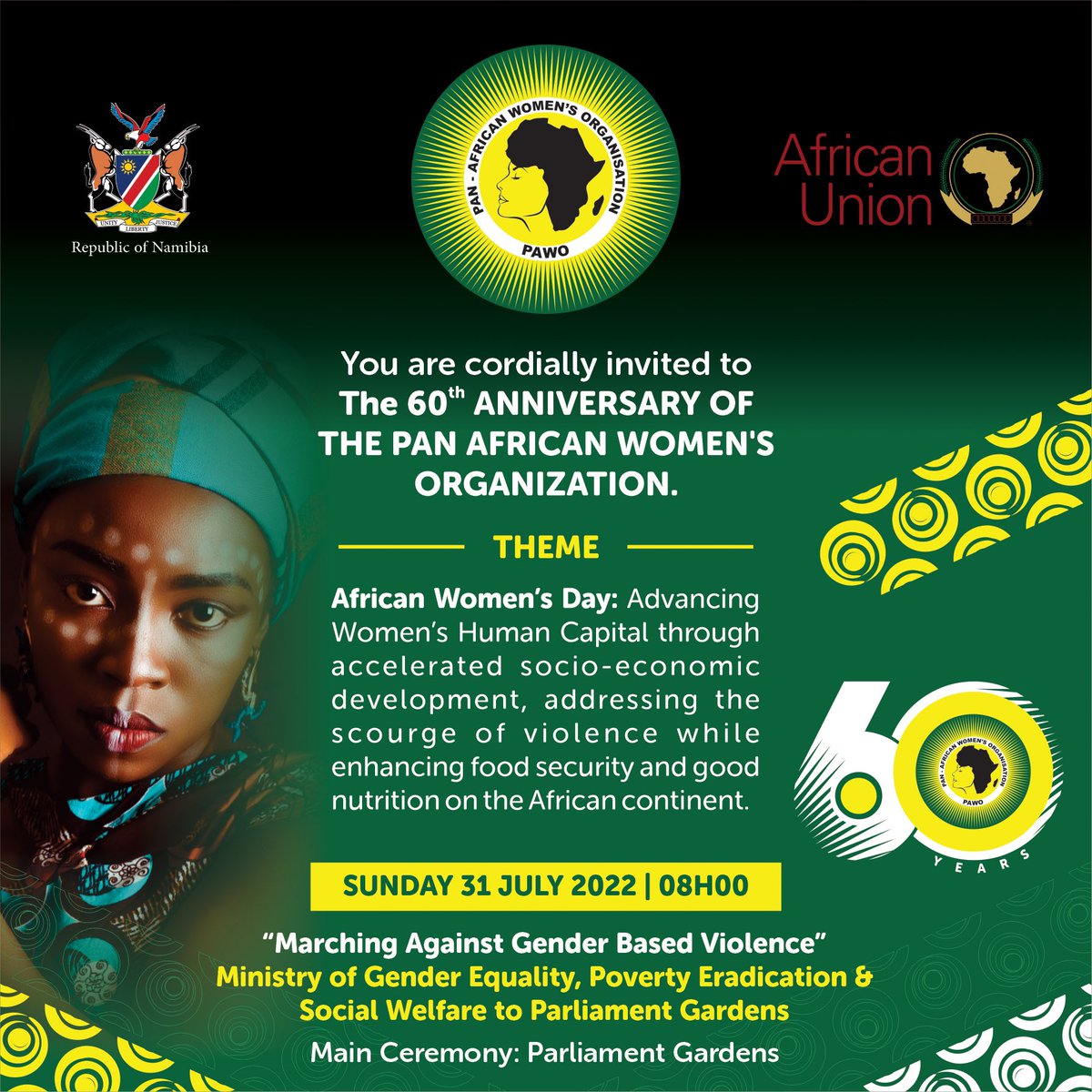 The Pan-African Women’s Organization is celebrating the 60th Pan-African Women’s Day (PAWD). Join us 31st July 2022, for a march against Gender Based Violence and Main ceremony at Parliament Gardens. We are streaming: bit.ly/PanAfricanWome… #panafricanwomensday