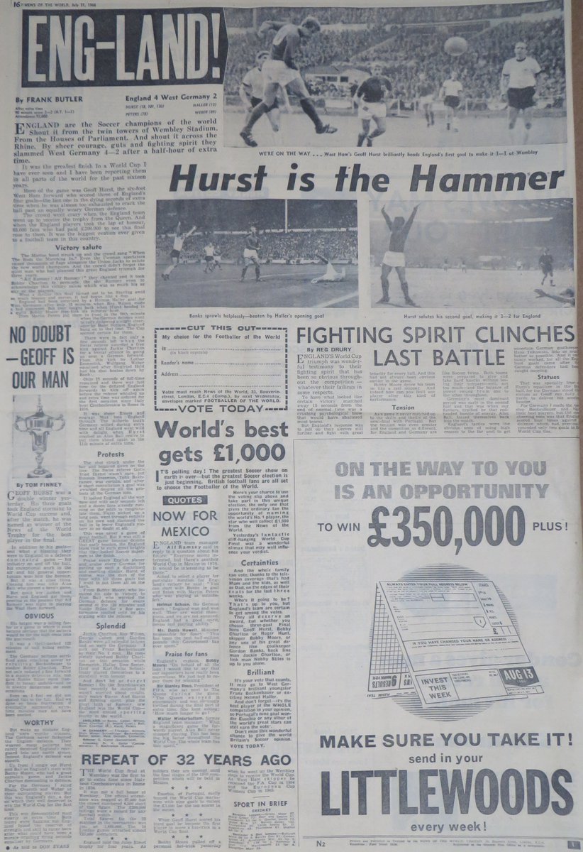 Continued 2/3...
England 4-2 West Germany AET.
#WorldCup #JulesRimetTrophy
#Wembley (96,924) #OnThisDay 1966
#ThreeLions #MemoriesFromTheAttic
#lufc Jack Charlton
More... 👇