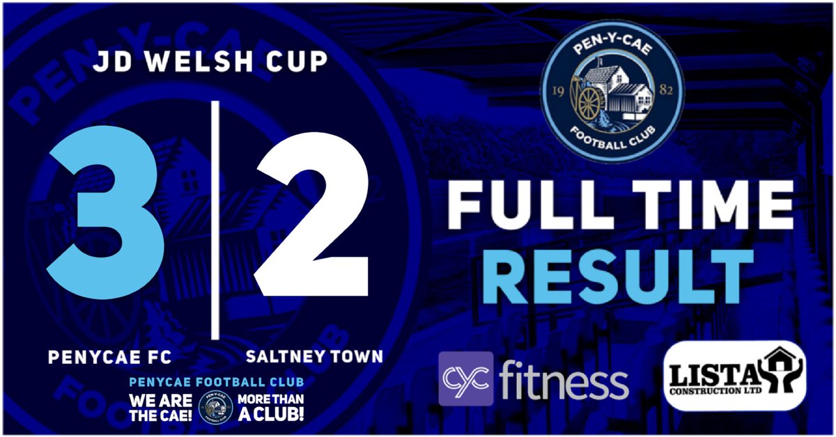 𝗙𝗨𝗟𝗟 𝗧𝗜𝗠𝗘 𝗥𝗘𝗦𝗨𝗟𝗧 🏴󠁧󠁢󠁷󠁬󠁳󠁿🏆

Penycae head into the next round of the JD Welsh Cup after a hard fought win against @Saltneytownfc .  

@BenBuley x2 
𝗔𝘃𝗮𝗶𝗹𝗮𝗯𝗹𝗲 𝗧𝗼 𝗦𝗽𝗼𝗻𝘀𝗼𝗿
Nicky Williams 
𝗦𝗽𝗼𝗻𝘀𝗼𝗿𝗲𝗱 𝗕𝘆 Gusto d’Italia

#WEARETHECAE
#MORETHANACLUB