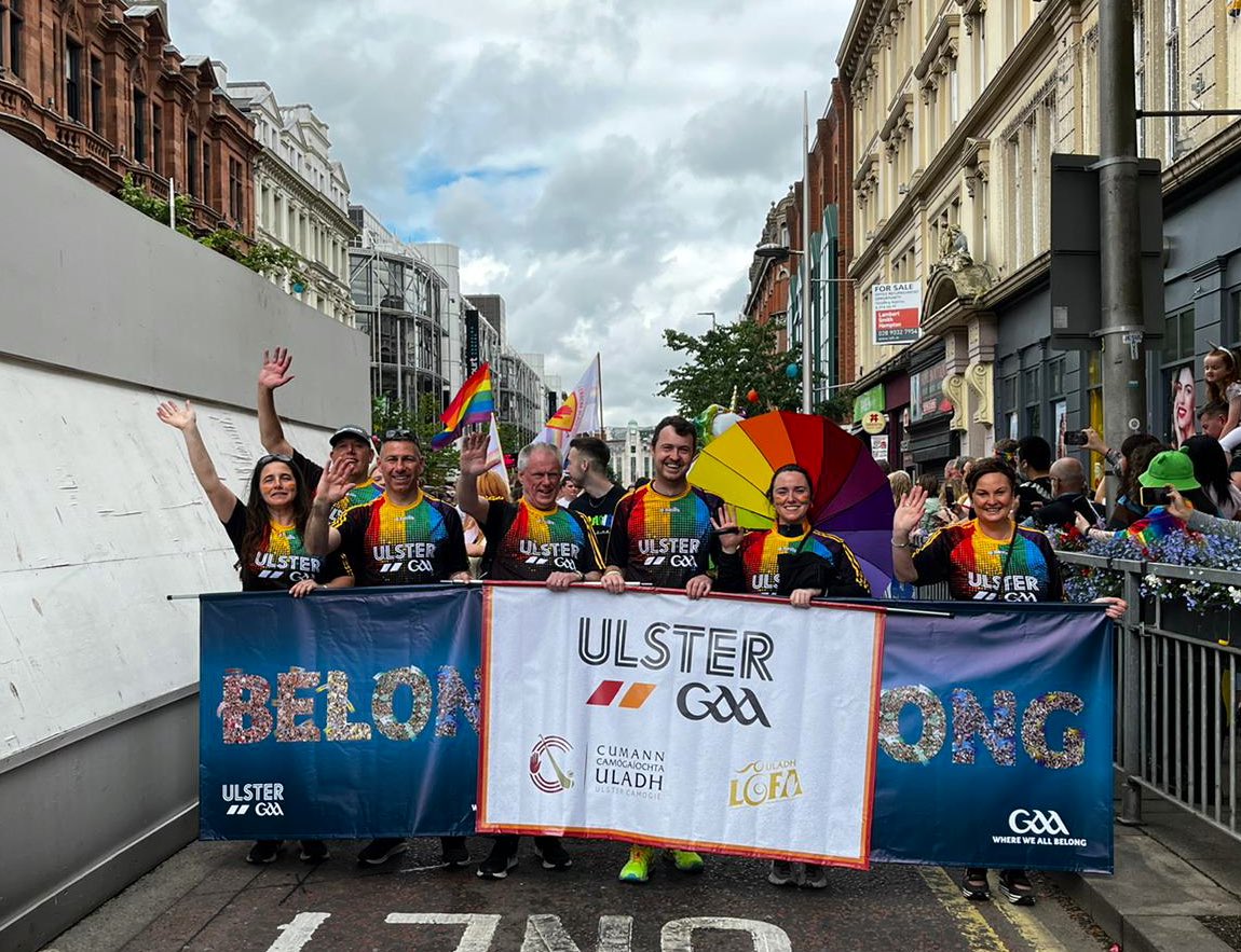 UlsterGAA's tweet photo. A fantastic day at @belfastpride today! 🌈

Delighted to have made history by taking part along with @UlsterLadies &amp; @UlsterCamogie @officialgaa 

Thanks all who came along &amp; made the event a success, especially the @AerachaUladh club, and congrats to the organisers

#GAAForAll https://t.co/ZQLUn95joL