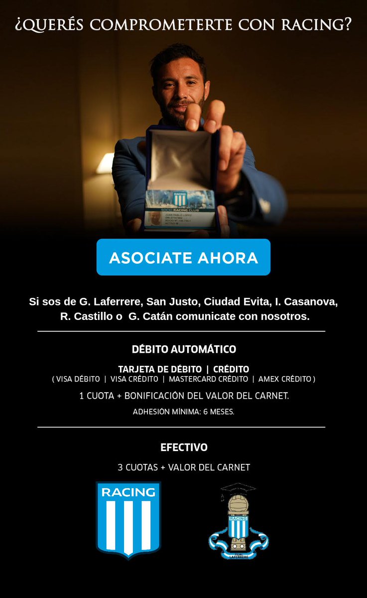 ASOCIATE AHORA Y TENE TU CARNET VS BOCA!

Hasta este lunes 1/8 tenés tiempo de mandarnos tus datos, elegir una forma de pago para asociarte a Racing y entrar con tu carnet vs Boca.