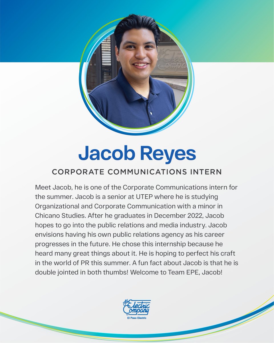 🌟Intern Spotlight🌟

Meet Jacob, one of our corporate communications interns from <a href="/UTEP/">UTEP</a> for the summer. We’re happy to have you on our team, Jacob!