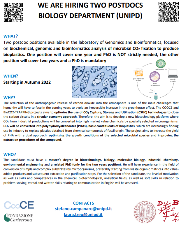We are hiring two #postdocs in a #CO2 #fixation and #bioplastics production project-Applicants should be residents in EU countries-The deadline for assigning the position is December 2022-all the information in the attached file <a href="/PostdocVoice/">PostdocVoice</a> <a href="/PhDspeaks/">PhD Speaks</a> <a href="/AcademicChatter/">Academic Chatter™</a>