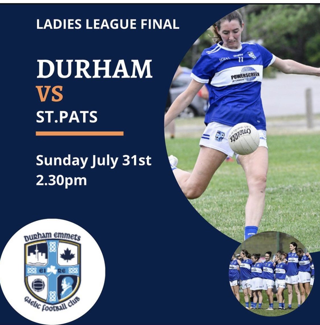 Sunday <a href="/Toronto_GAA/">Toronto GAA 🇨🇦🏐🇮🇪</a> Ladies Football Final. <a href="/StPatsToronto/">St.Pats GAA Toronto 🏐</a> vs <a href="/DurhamGFC/">Durham Robert Emmets</a>. All the makings of a great final. 2:30 Centennial Park, Etobicoke. <a href="/LadiesFootball/">Ladies Football</a>