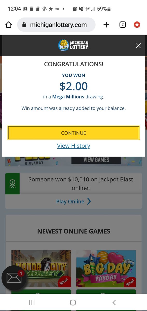 nomisnobel's tweet photo. @danjlevy Got a "Congratulations, now collect your winnings" email from the Michigan Lottery (bought an online ticket for last night's 1.28 Billion drawing.) Went to the website immediately.
Woot. https://t.co/KgL0l2vL8l