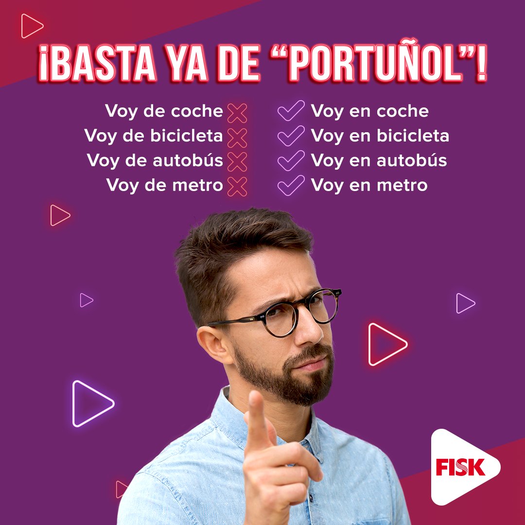 fiskoficial's tweet photo. Em português, utilizamos a preposição "de" após o verbo "ir" para indicar um meio de transporte. Por isso, muitos brasileiros acabam recorrendo a mesma lógica em espanhol sem saber que isso está errado! O correto nesse caso é usar "en". 🧐

#BastaDePortuñol #Español #DêUmPLAY ▶️ https://t.co/yBSTg4y1T0