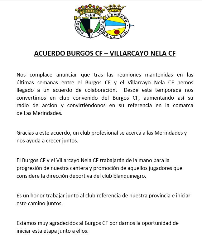 Nela_CF's tweet photo. COMUNICADO OFICIAL //

🤝 Acuerdo entre Villarcayo Nela y @Burgos_CF para que el Villarcayo Nela sea desde esta temporada club convenido del Burgos CF.

#VamosNela #SeguimosSoñando https://t.co/Pb7M8MeT7V