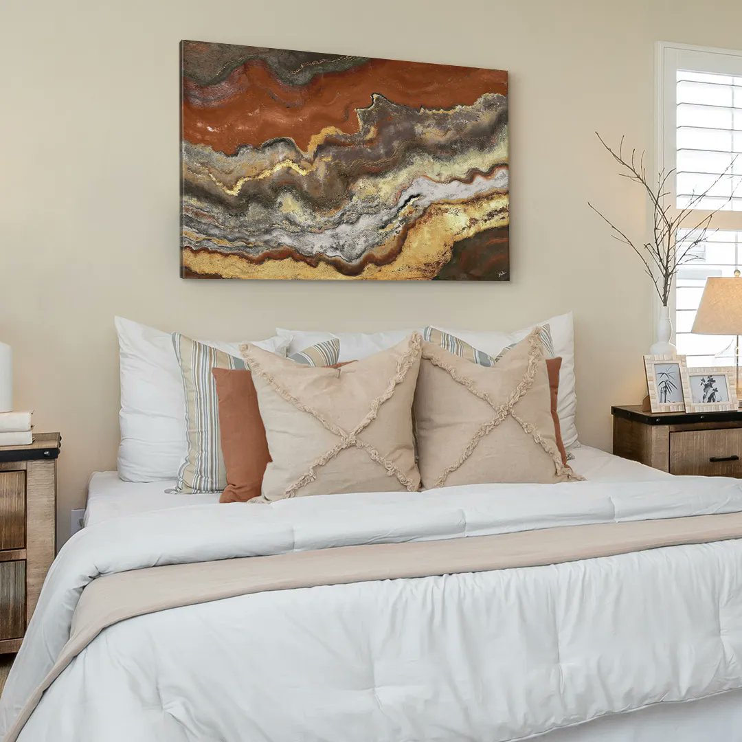 One of the best ways to relax is looking at art. Patricia Pinto's, Gold Tierra Wall Art is a contemporary abstract resembling sedimentary rock layers conveying a sense of peace and calm. Take a pause at the link. bit.ly/3xYLWgf