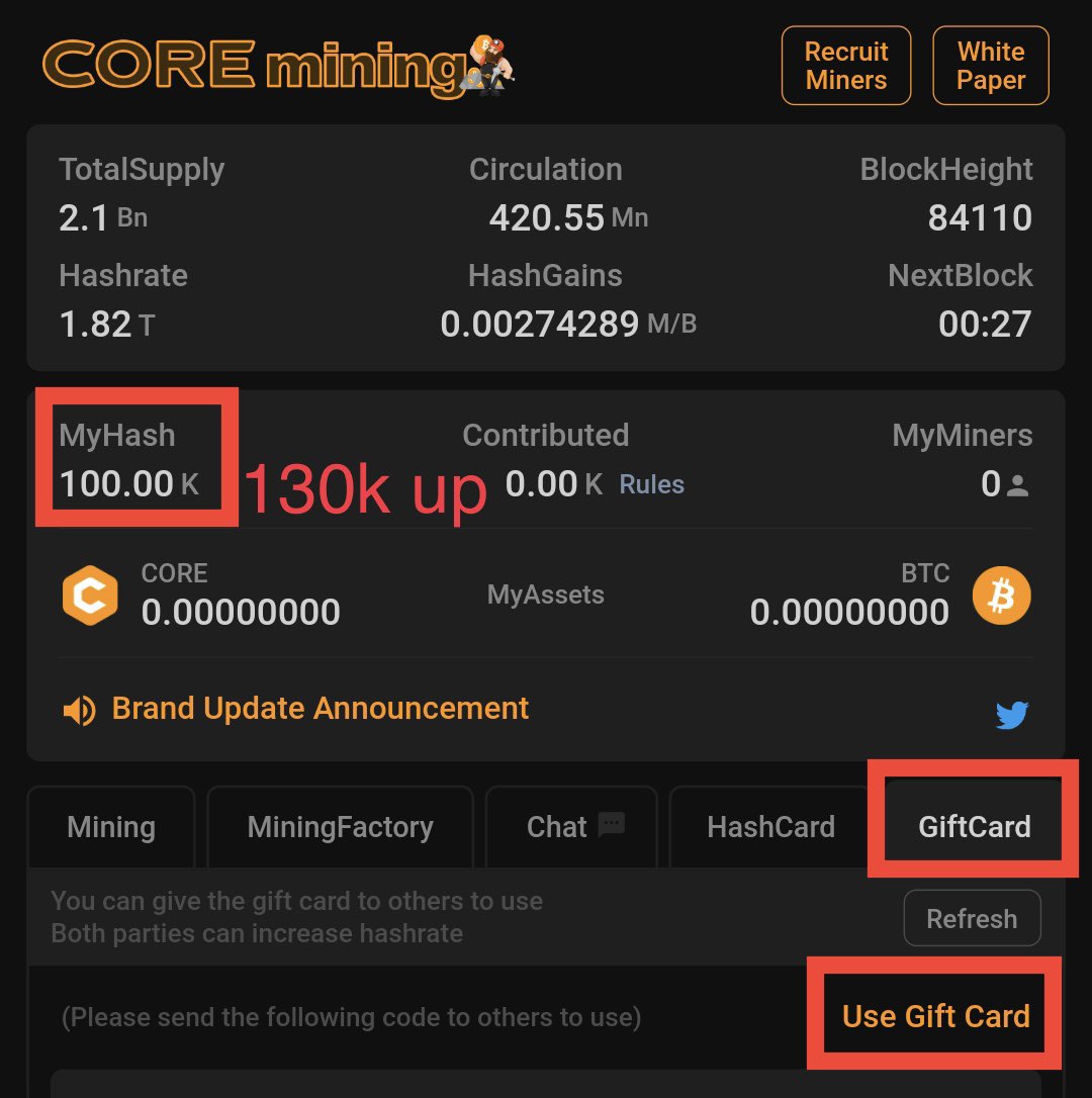 CoreHoneycomb's tweet image. New miners are required to register for a gift card. 

MyHash 100K -&amp;gt; 130🔥K

Giftcode: 4cm8mws , 4cph26v 🎁

Hash power = #CORE🚀

⭐️only! once! after signing up!

MyHash Power = Increase in #CORE mining volume 

what i have to do ⛏Mining⛏