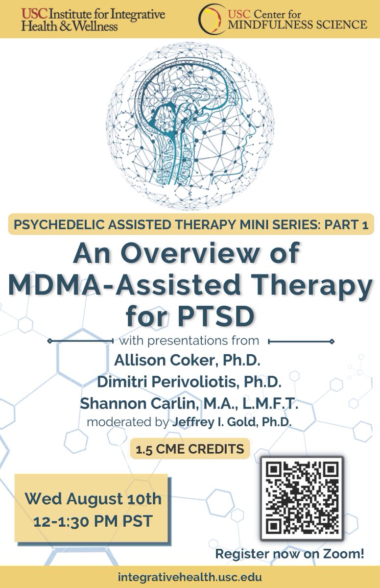 USC Center for Mindfulness Science (@usc_cms) on Twitter photo CMS is excited to announce the first part of a three-part mini series on psychedelic assisted therapies in collaboration with the Institute of Integrative Health and Wellness <a href="/usciihw/">USC Institute for Integrative Health & Wellness</a>
Register here: usc.zoom.us/j/97556734574
For more information: integrativehealth.usc.edu CMS is excited to announce the first part of a three-part mini series on psychedelic assisted therapies in collaboration with the Institute of Integrative Health and Wellness <a href="/usciihw/">USC Institute for Integrative Health & Wellness</a>
Register here: usc.zoom.us/j/97556734574
For more information: integrativehealth.usc.edu