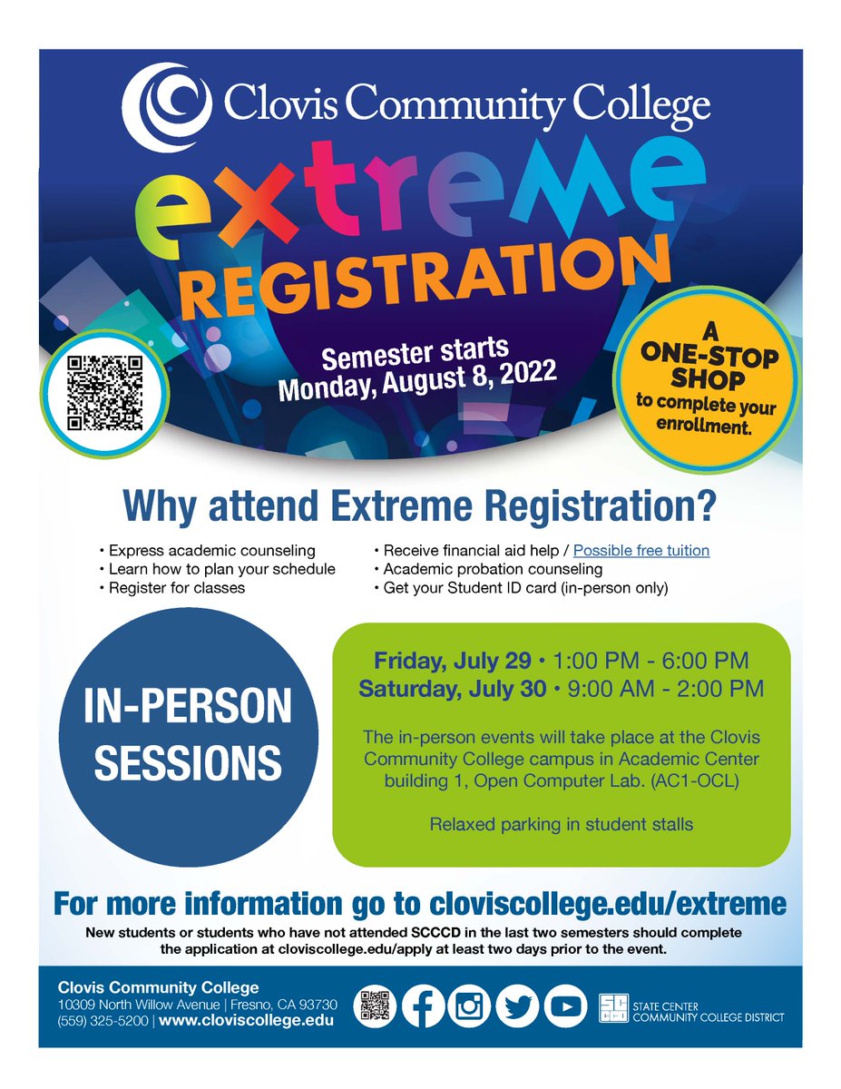 ClovisCollege's tweet photo. TODAY--here to help you enroll for the Fall semester from 9am to 2pm. See you soon. Tuition may be free! #ExtremeRegistration #GoCrush #ClovisCommunityCollege Details at https://t.co/NmyrCAWaa7 https://t.co/nsFiEe7rCR