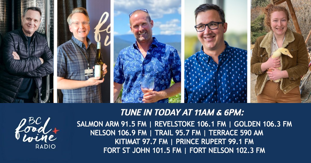 BCFWRadio's tweet photo. #BCNorth #Shuswap #Kootenays If good food and drink are part of your lifestyle, then tune in to your local #Bounce radio today @ 11am or 6pm. This week: Fine non-alcoholic wines; we revisit a classic winery; top 25 wineries in Canada &amp; an organic cidermaker. #localbc https://t.co/tFNs0WCKRY