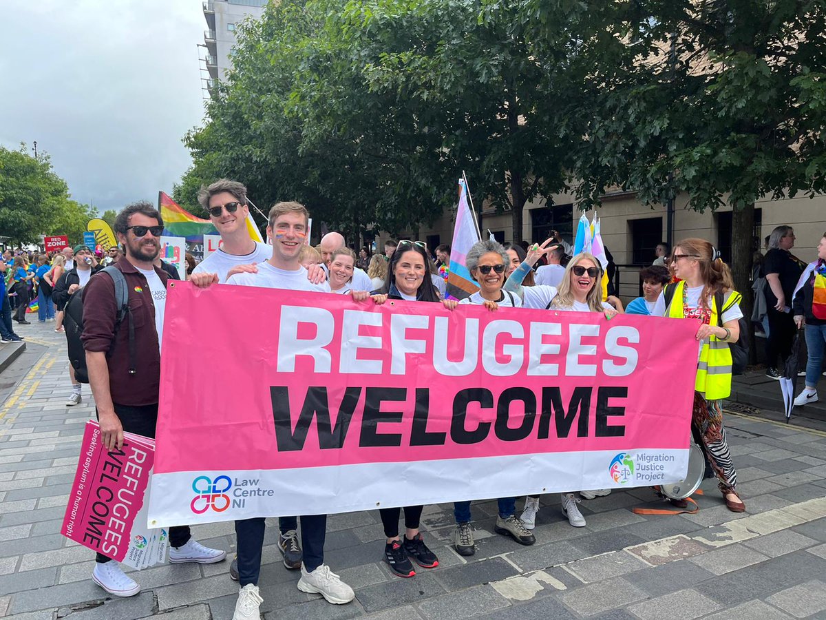 LawCentreNI's tweet photo. Belfast Pride Parade...what a day! 

Law Centre NI staff, friends and family walked with the clear message that refugees are welcome in Northern Ireland. 

Thank you @belfastpride 🙌 https://t.co/XuIcS5rwXW