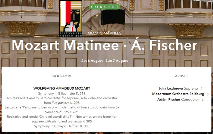 MozartCircleCN's tweet photo. 📣It's time of #SalzburgFestival2022
@SbgFestival
6 & 7 August 2022
Great #AFischer conducts an amazing all #Mozart program:
Symphony in B flat major K319
Arias from #RePastore K208, #ClemenzaTito K621, K505 & Symphony in D major ‘Haffner’ K385! #ff
https://t.co/wH3vl8NyPx https://t.co/bceJDzqeDg