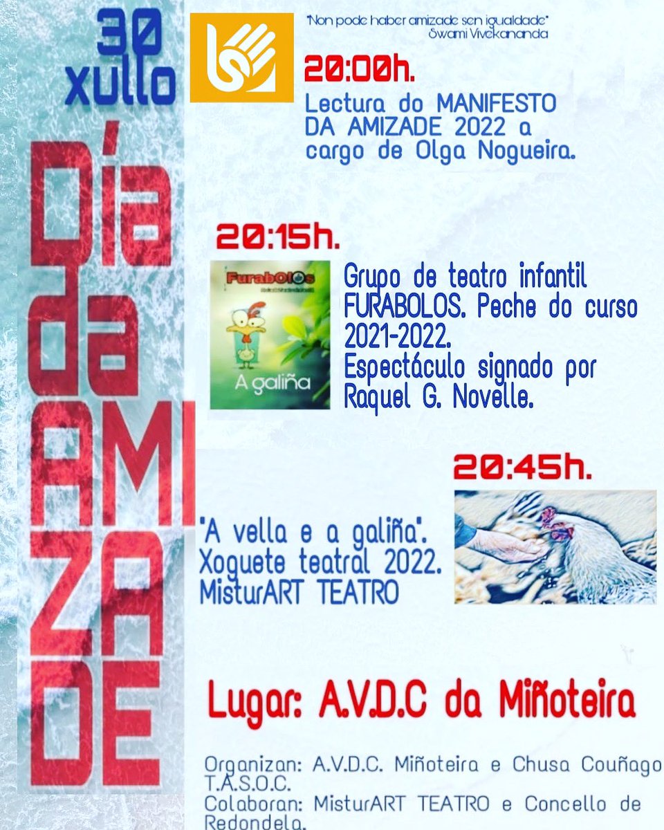 Hoxe ás 20:00 estaremos interpretando as actividades organizadas pola A.V.D.C da Miñoteira para festexar o día da amizade. Vinde!

#DíaDaAmizade #Miñoteira #Redondela #Cultura #Teatro #accesible #enlinguadesignos