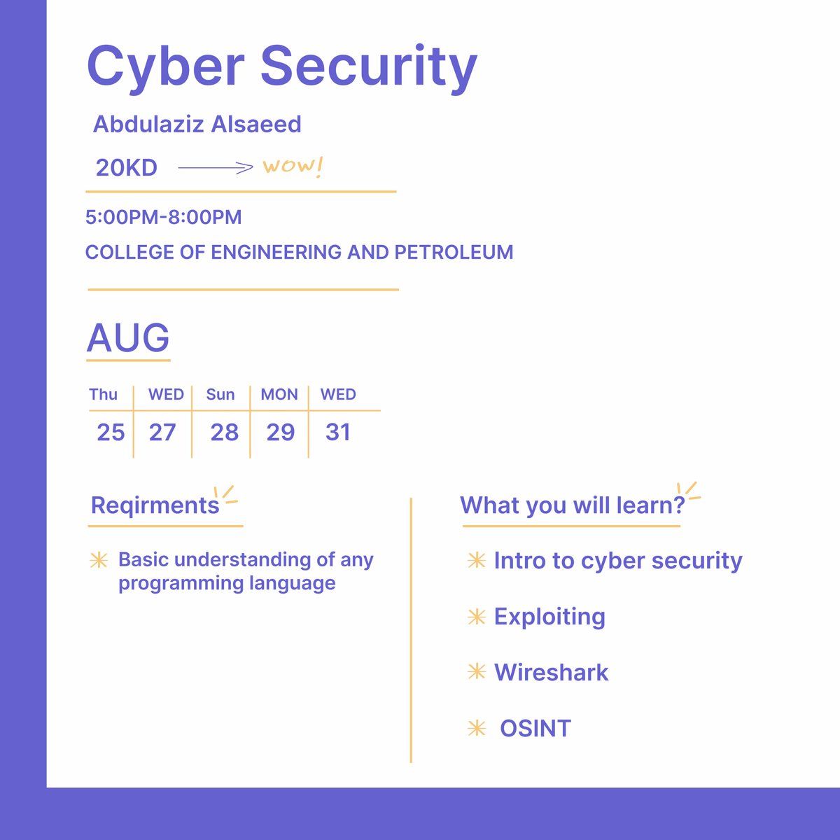 cpesq8's tweet photo. Course #2:
Cyber Security Course🕸
Presented by:
Abdulaziz Alsaeed
Price💰: 20KD
*Link in Bio
#CPES_Courses https://t.co/cU97491H4U