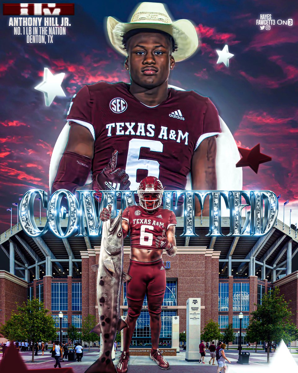 Hayesfawcett3's tweet image. BREAKING: Five-Star LB Anthony Hill Jr. has Committed to Texas A&amp;amp;M!

The No. 1 LB in the Nation chose the Aggies over Texas.

The Aggies now hold a total of 7 commits, 4 of which are ranked inside of the Top 70

More Here (FREE): on3.com/college/texas-…
