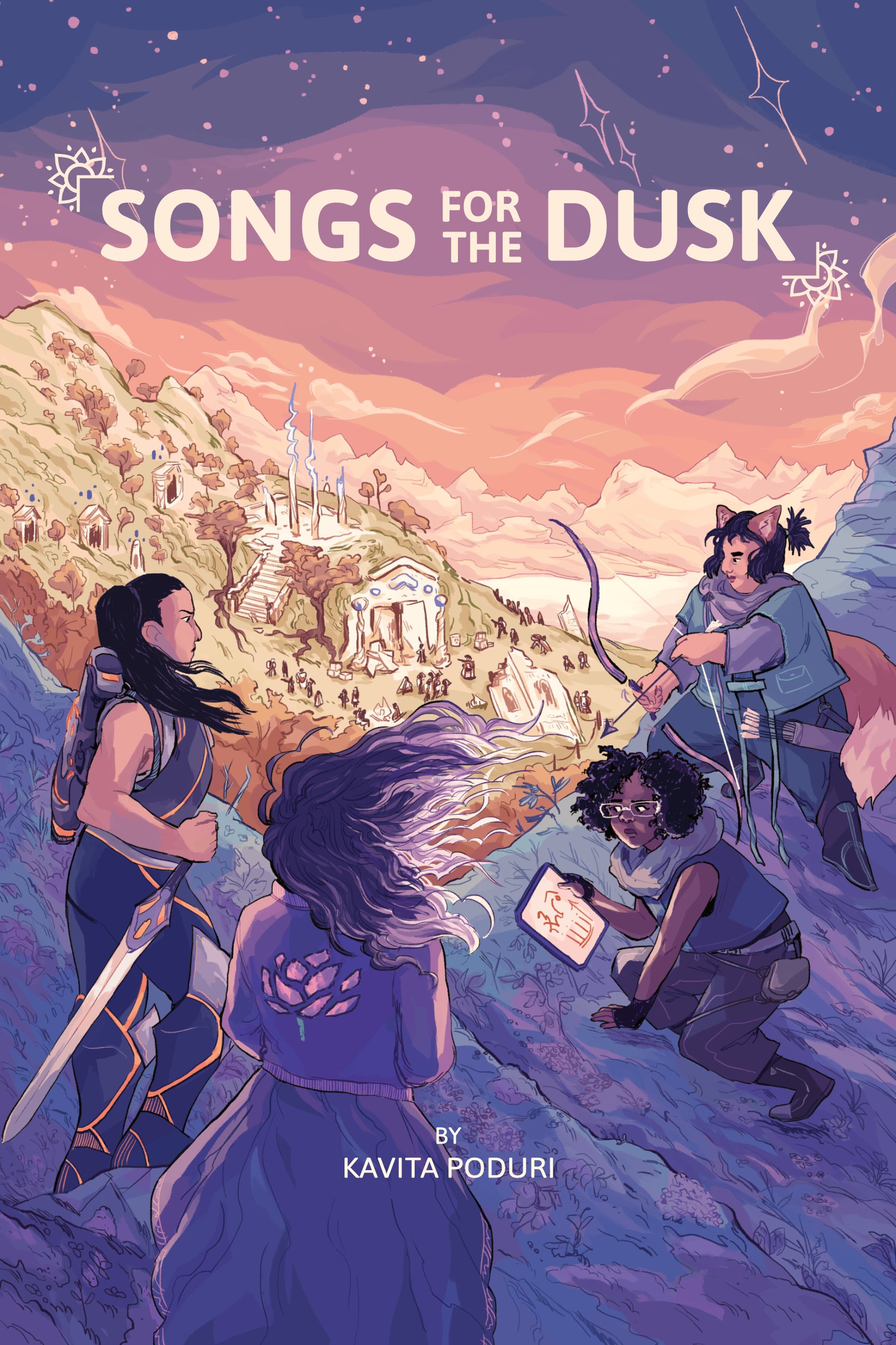 The cover of SONGS FOR THE DUSK, by Kavita Poduri, featuring a pastel-palette illustration of four figures watching over a distant valley with a number of soldiers in it.