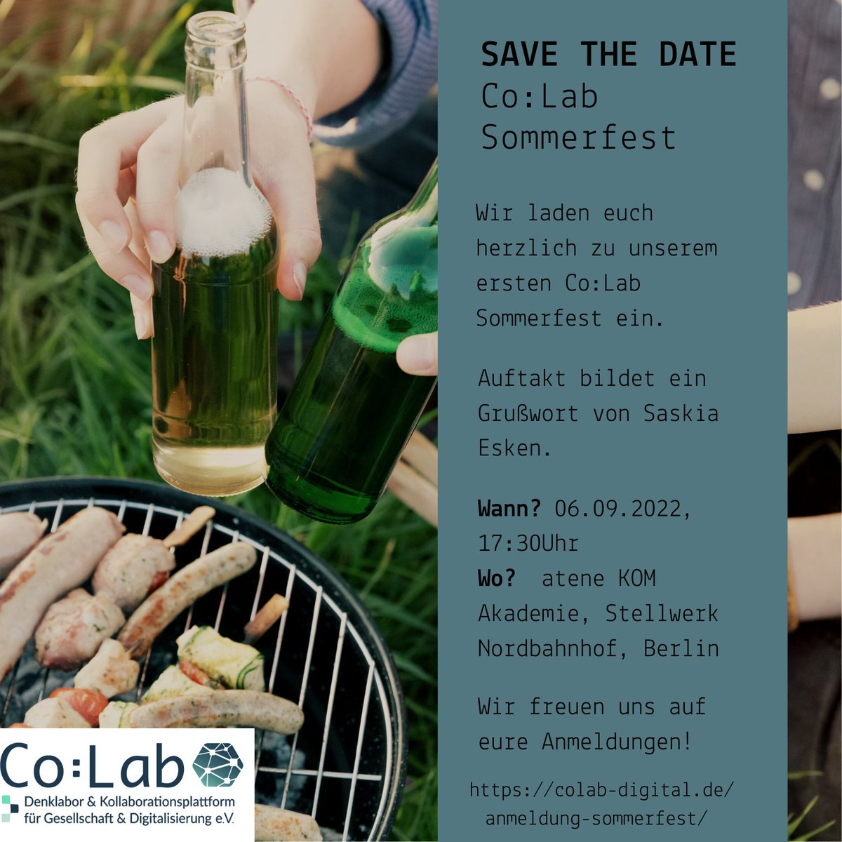 <a href="/Colab_digital/">Co:Lab</a> veranstaltet am 6.9. ein Sommerfest &amp; ihr seid herzlich eingeladen. Wir freuen uns auf ein Grußwort von <a href="/EskenSaskia/">Saskia Esken</a>, eine lebendige Diskussion mit euch &amp; Ergebnisse unserer Initiative #Nachhaltig #Digital| Digital Nachhaltig.Anmeldung unter colab-digital.de/anmeldung-somm…